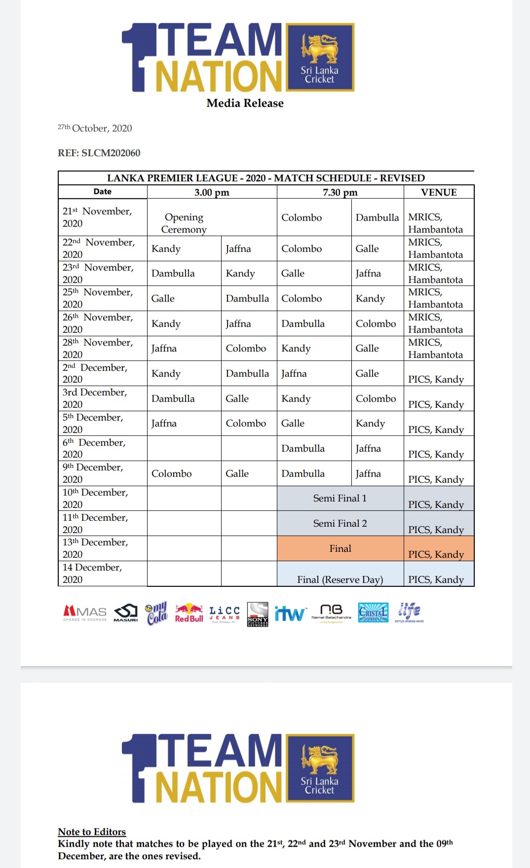 Lanka Premier League Match Schedule Revised NewsWire