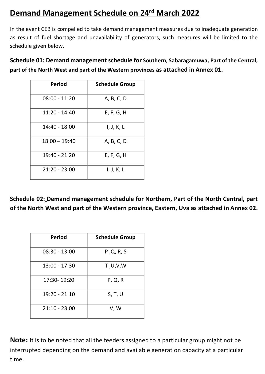 Power cut schedule for Thursday More than 6 hours Newswire
