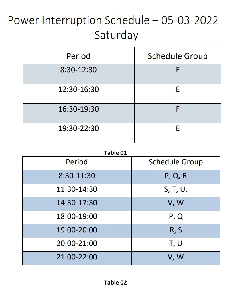 Saturday's full power cut schedule released including Colombo city