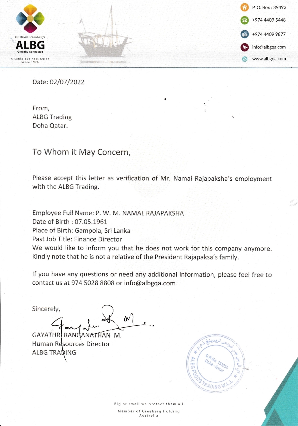 Qatar’s ALBG Trading issues clarification on Namal Rajapaksa controversy