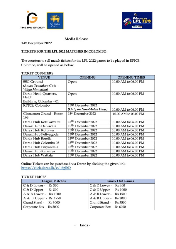 LPL tickets for Colombo SLC announcement Newswire