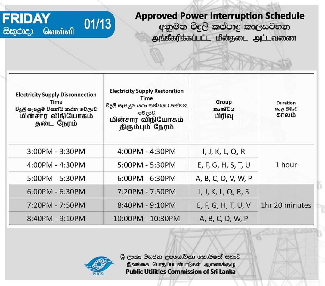 13th January Friday Power Cut Schedule NewsWire