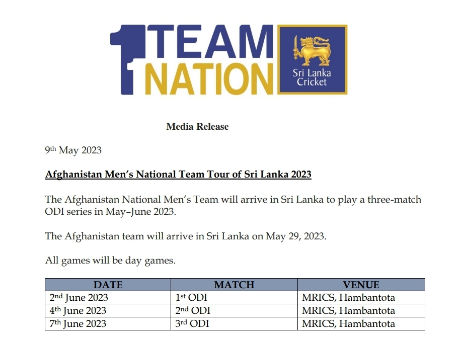 Afghanistan ODI series in SL Schedule announced Newswire