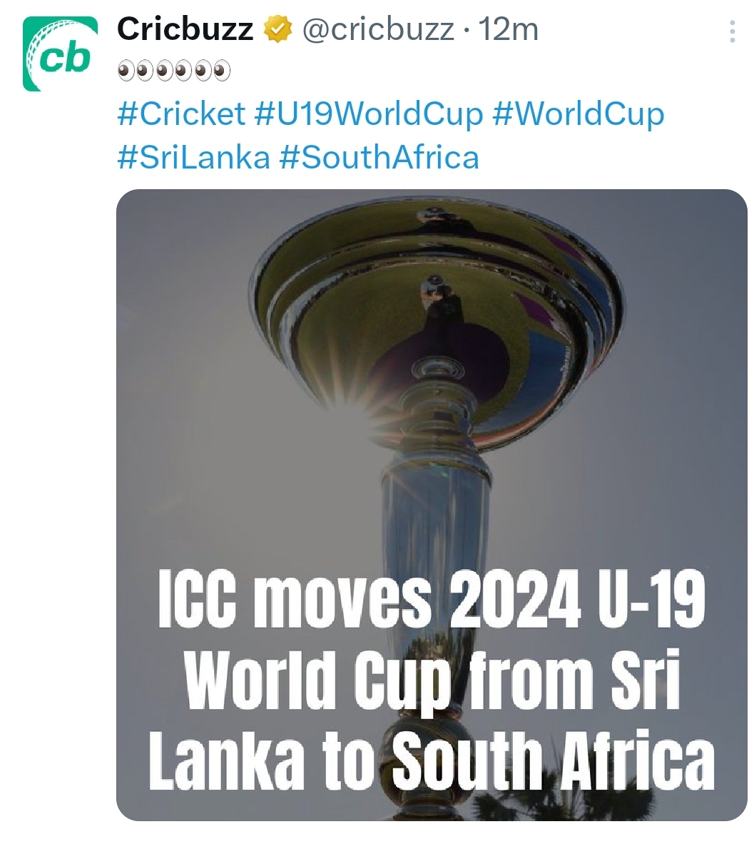 Under 19 World cup moved to South Africa from Sri Lanka – Cricbuzz