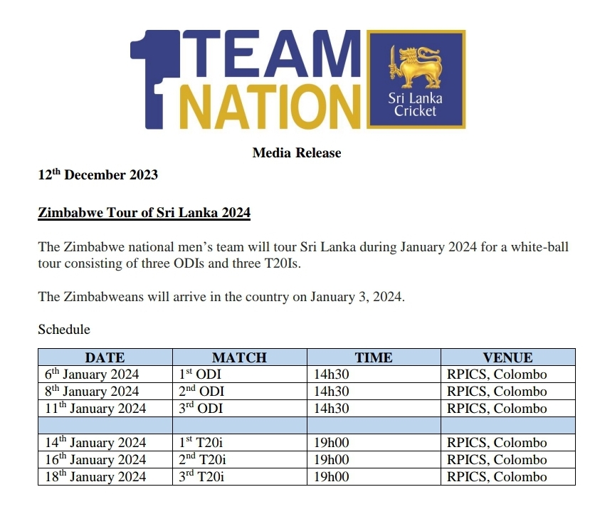 Zimbabwe tour of Sri Lanka Schedule announced Newswire