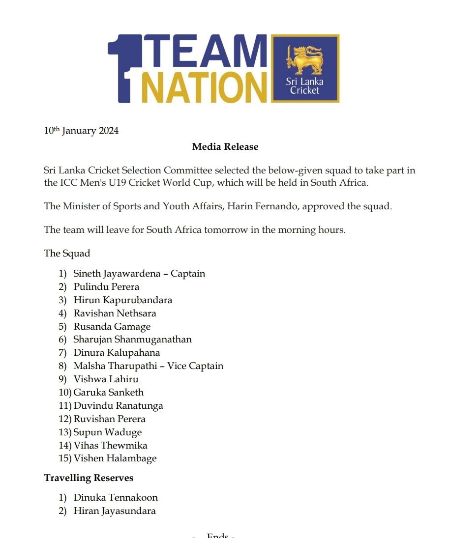 U19 Sri Lanka squad for the World Cup announced Newswire