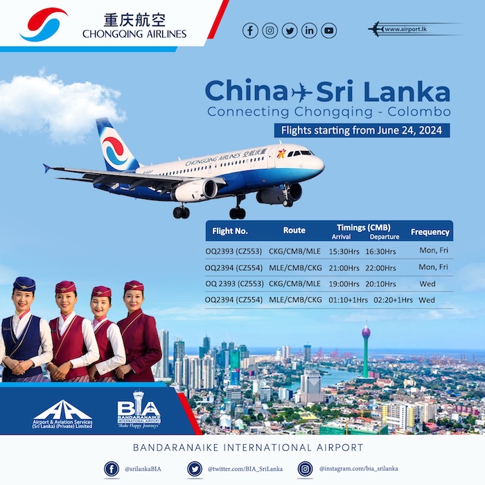 Chongqing Airlines to resume flights to Colombo
