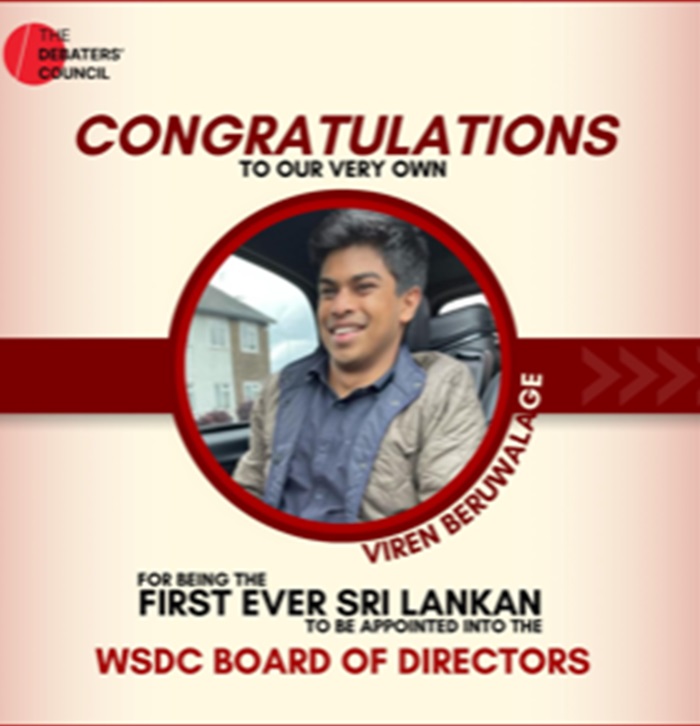 Viren Beruwalage becomes first Sri Lankan on World Schools Debating Championship Board of Directors