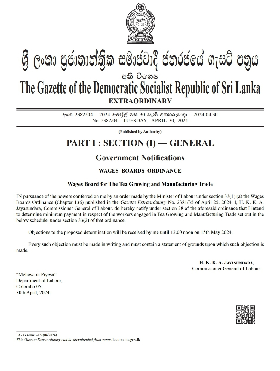 Gazette issued to increase minimum daily wage of tea estate workers
