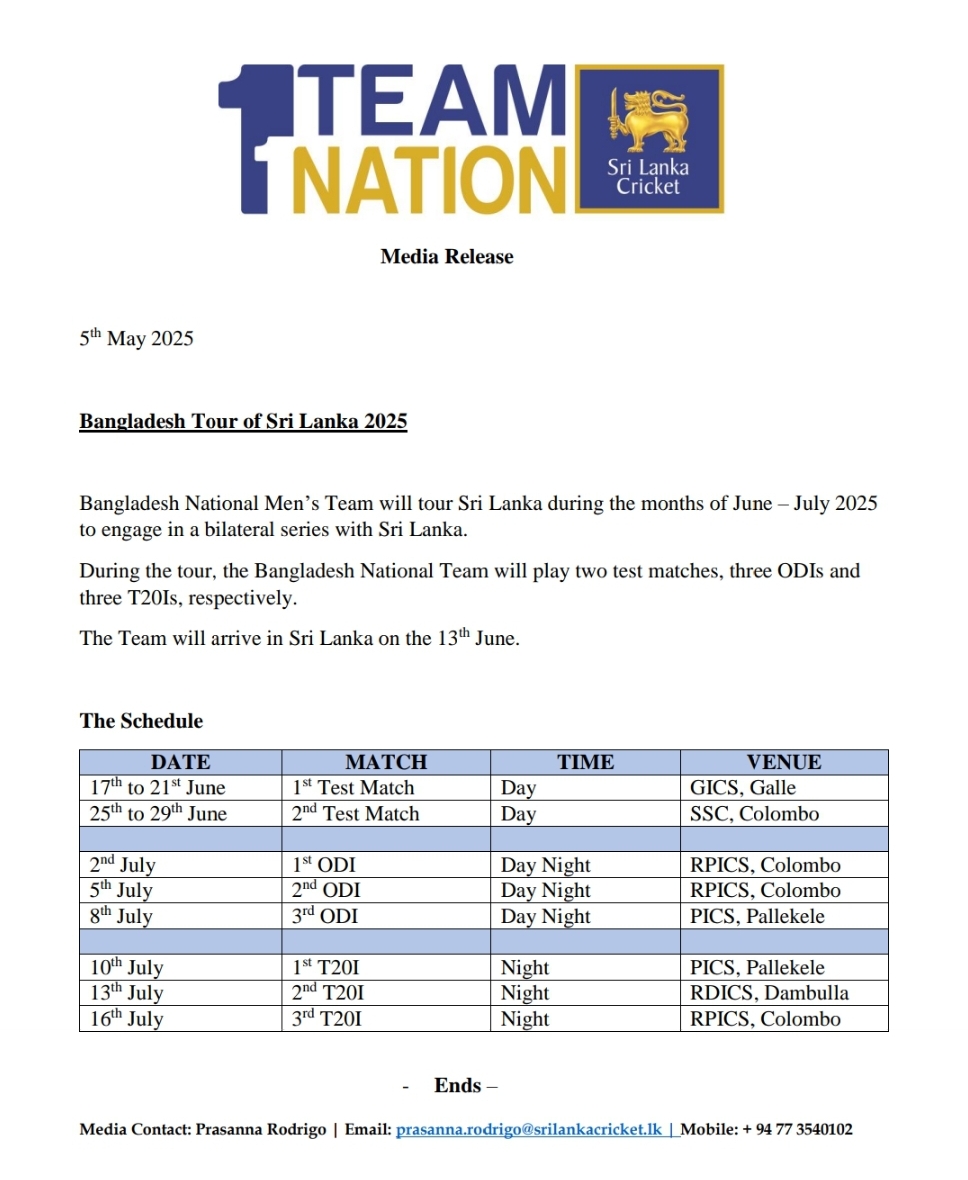 Bangaladesh tour of Sri Lanka : Schedule announced