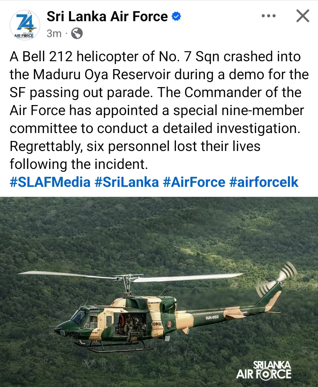 Bell 212 Crash: SLAF issues official statement