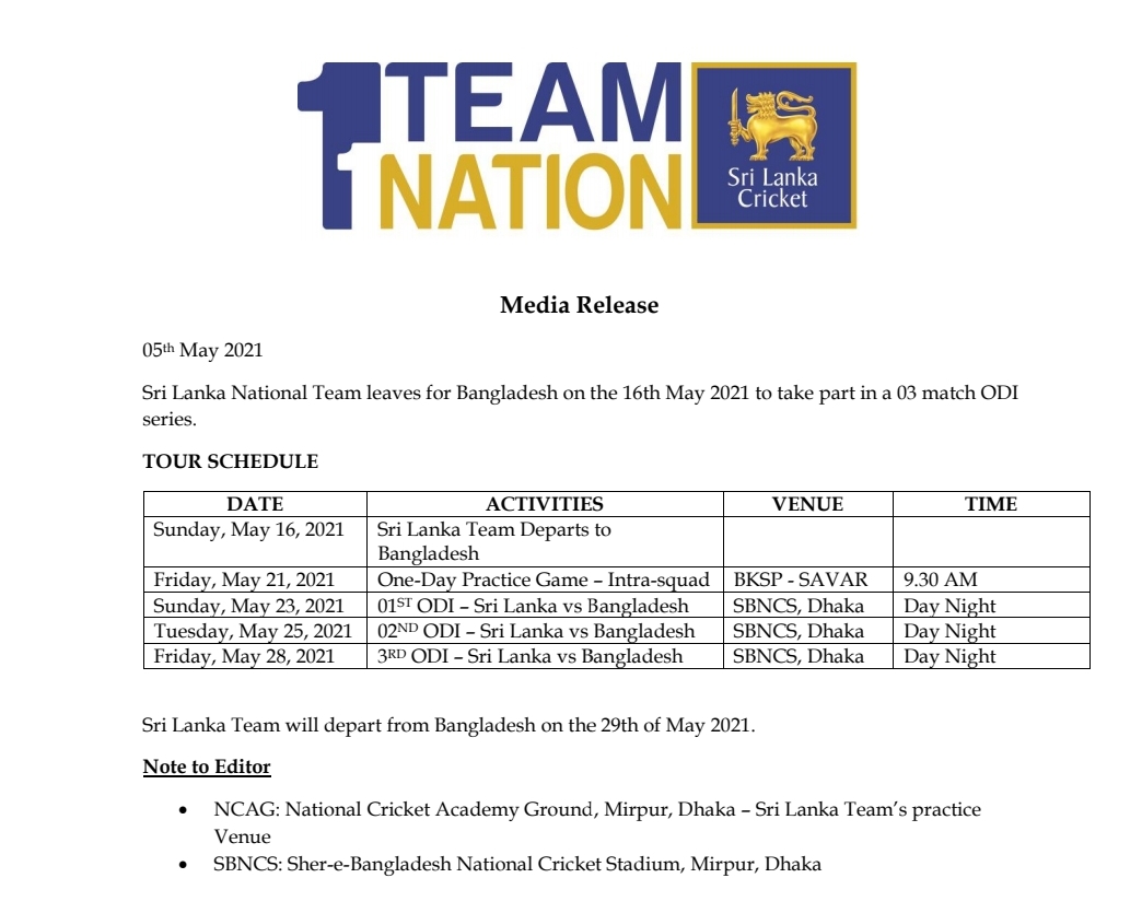 Sri Lanka tour of Bangladesh schedule announced NewsWire