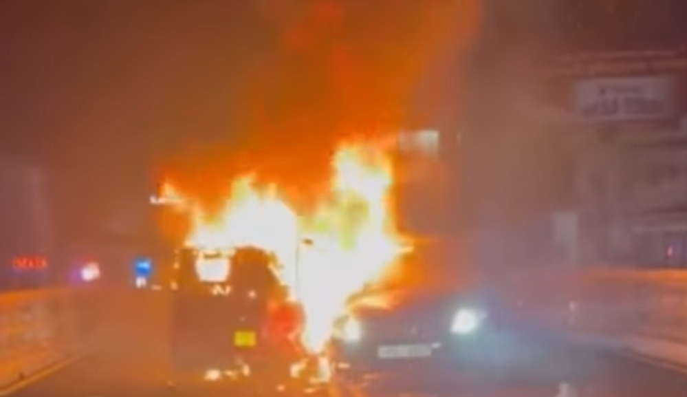 Two vehicles catch fire after head-on collision on Dehiwala flyover (Video)