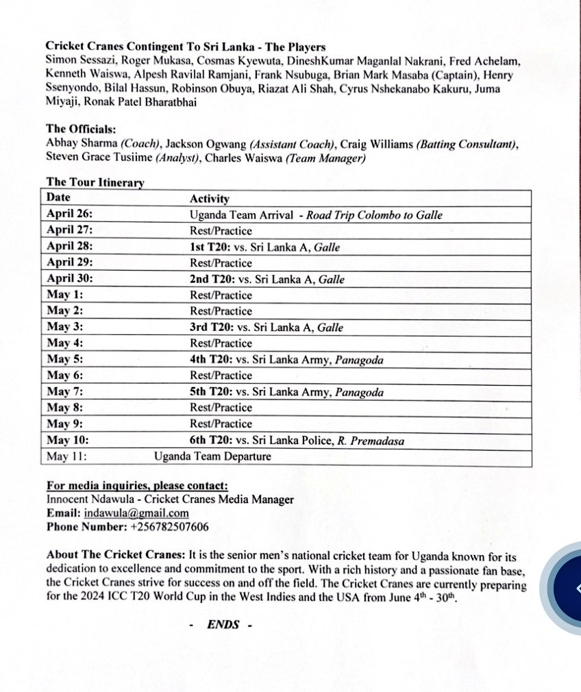 SIX T 20 's AGAINST UGANDA PLANNED BEFORE T 20 WORLD CUP Info Rain