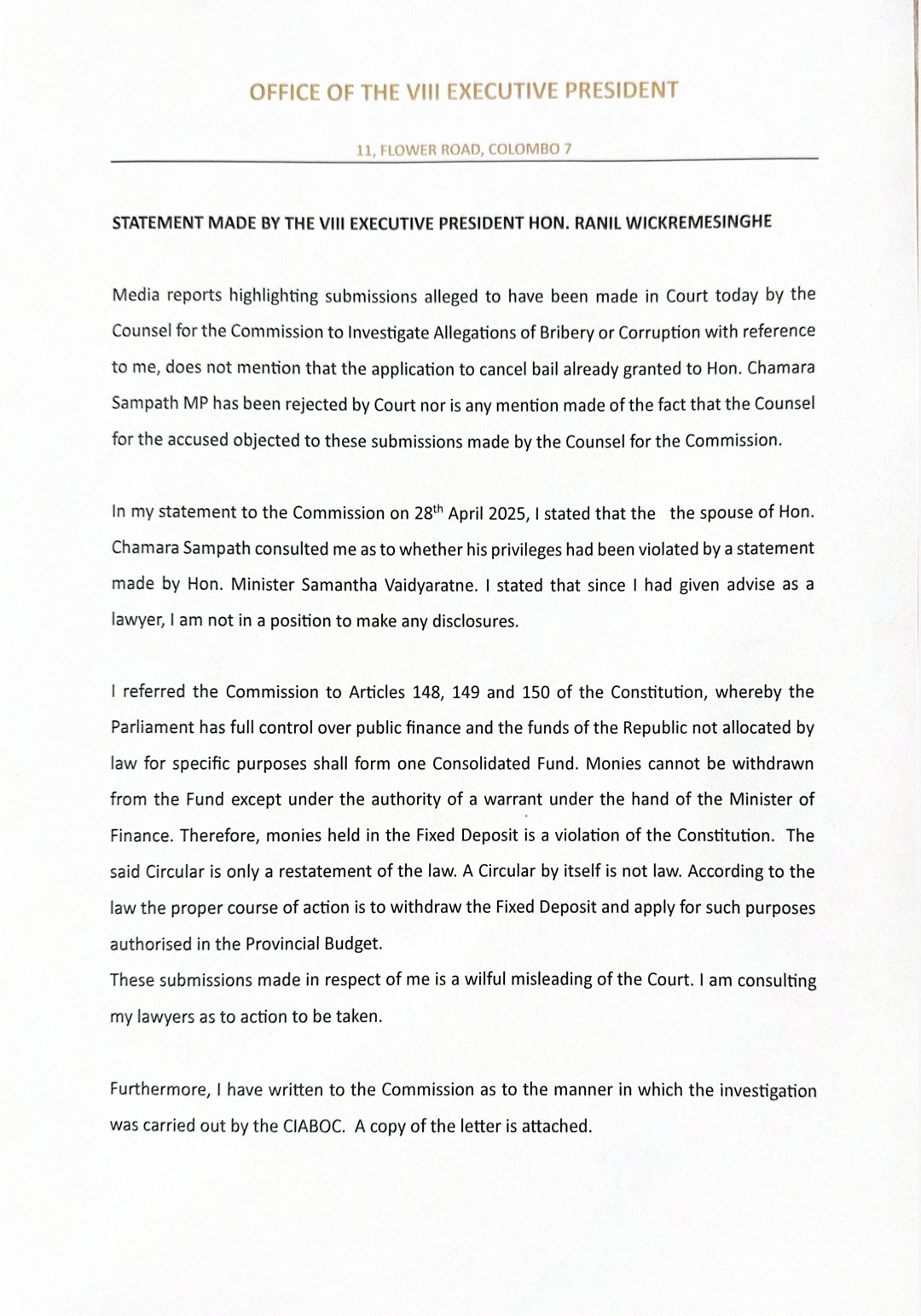 Ranil slams CIABOC submissions as ‘Wilful Misleading’