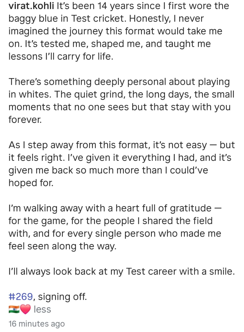 Virat Kohli announces Test Retirement