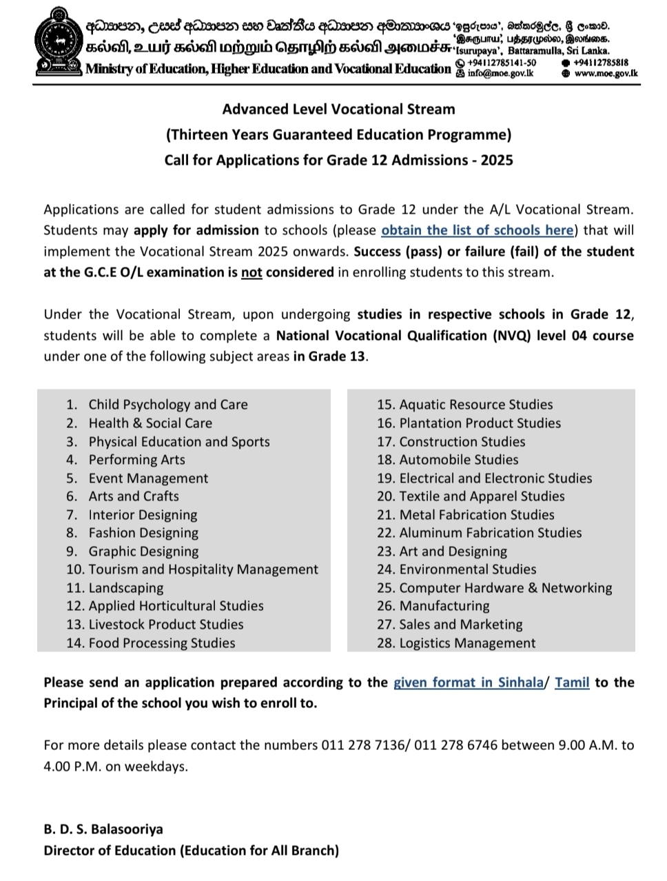 No O/L pass required: 2025 Vocational A/L applications open with 28 NVQ subjects