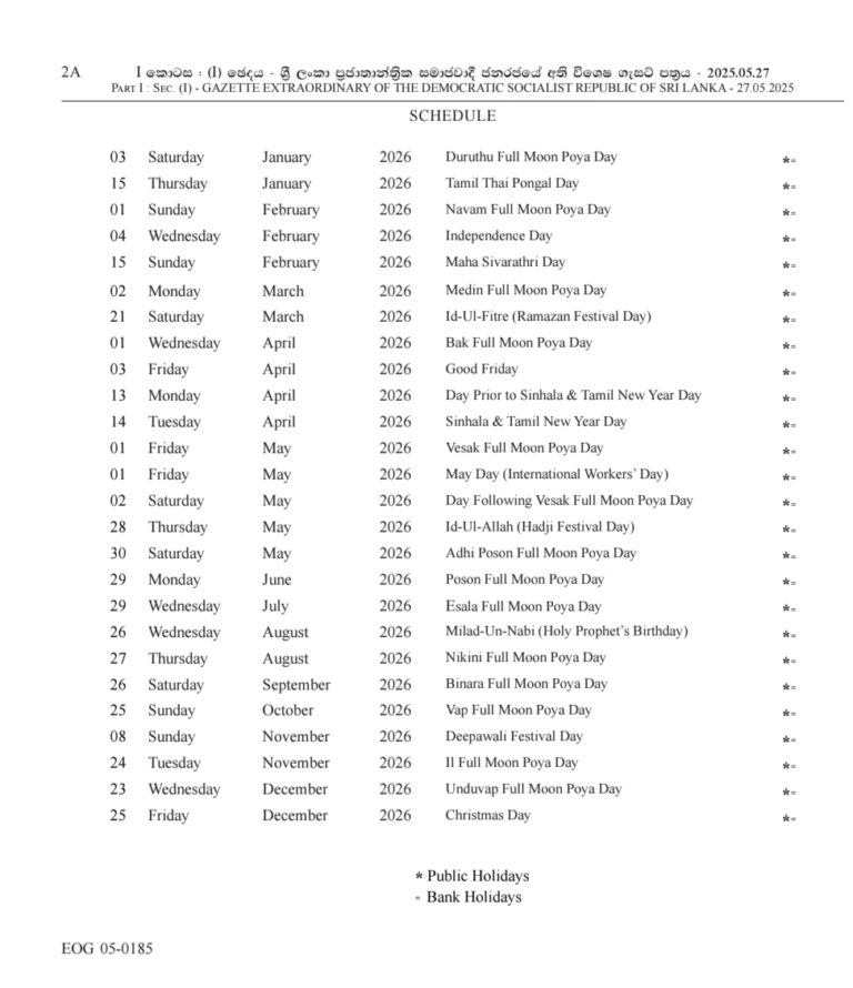 Sri Lanka 2026 Public and Bank Holidays gazetted - Newswire