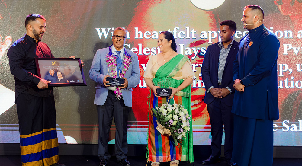Mr. Vasantha Jayasuriya, Founder and Group Managing Director of Jaysons Holdings, receives a heartfelt tribute alongside his family in honor of 50 years in entrepreneurship and 40 years of shared success with Mrs. Chamila Jayasuriya