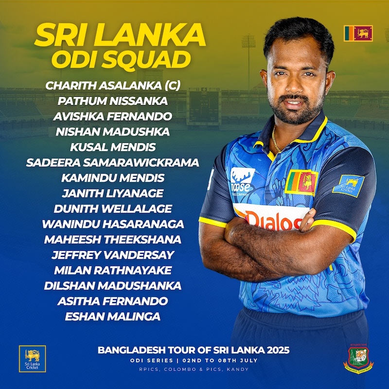 Sri Lanka name squad for ODI series against Bangladesh