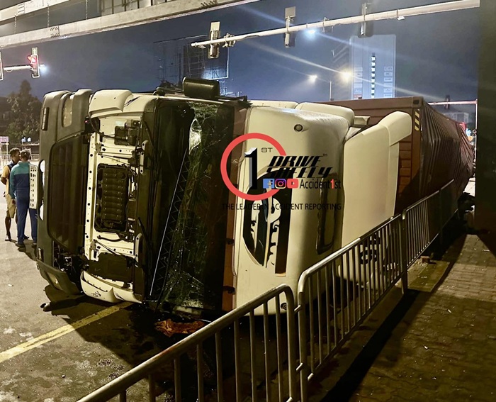 One injured as container topples onto three-wheeler (CCTV)