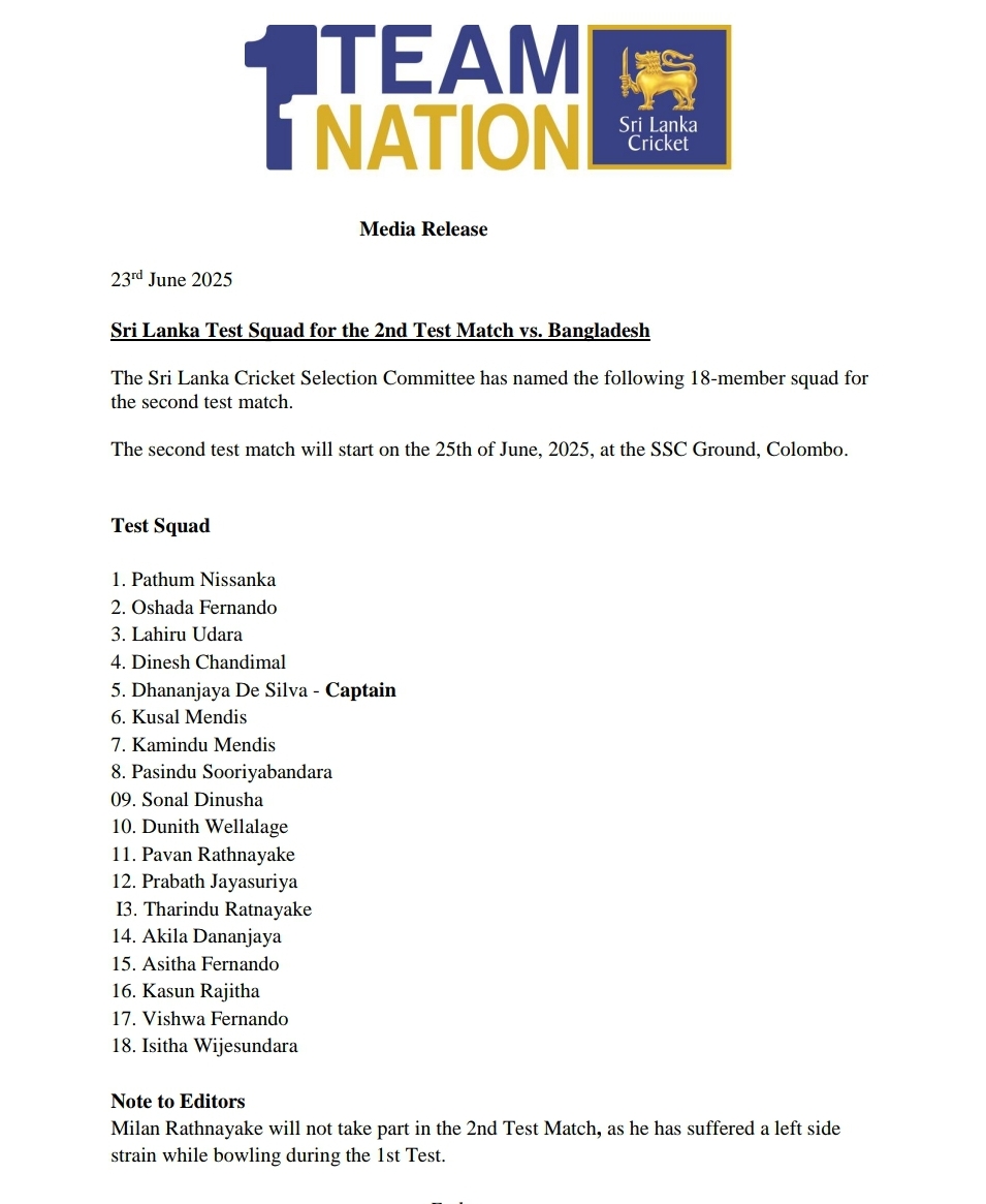 2nd Test squad : Sri Lanka makes 2 changes