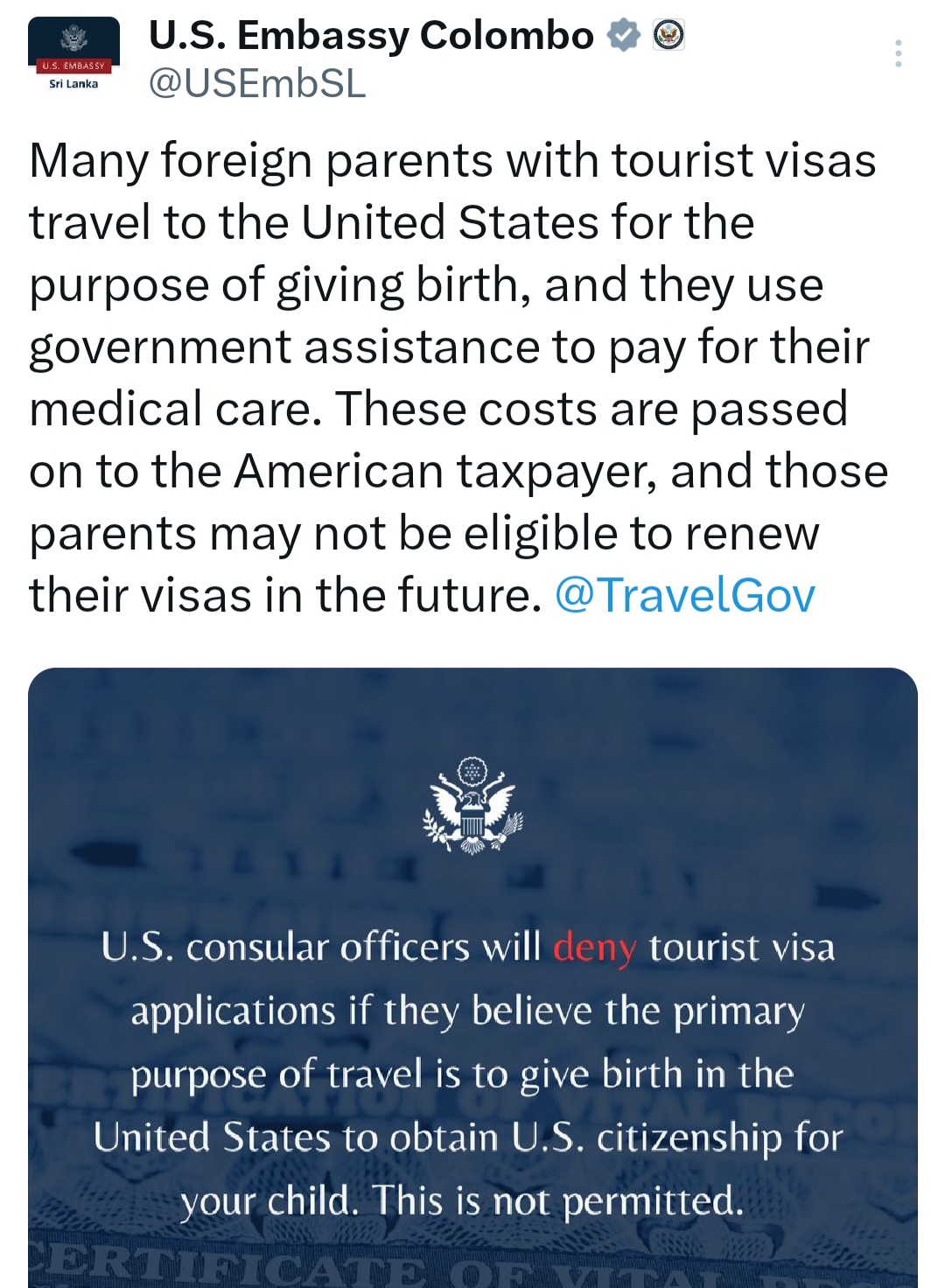 US Embassy warns against Travel for Birth Tourism