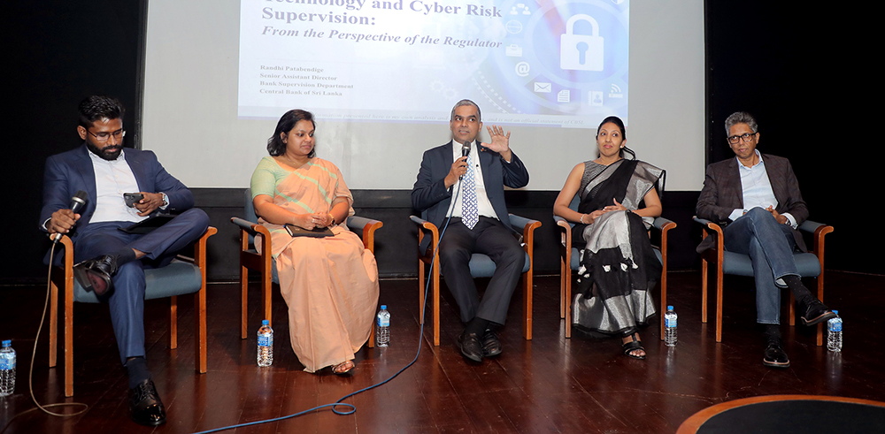 From left to right: Mr. Suresh Emmanuel, Moderator and Chief Information Security Officer and Senior Vice President, Hatton National Bank PLC; Mrs. R. M. J. Patabendige, Senior Assistant Director, Bank Supervision Department, Central Bank of Sri Lanka; Mr. Indika Rajakaruna, Vice President, ISACA; Ms. Sunari Dandeniya, Chief Information Security Officer, Commercial Bank of Ceylon PLC; and Mr. Madu Rathnayake, President, Scybers.