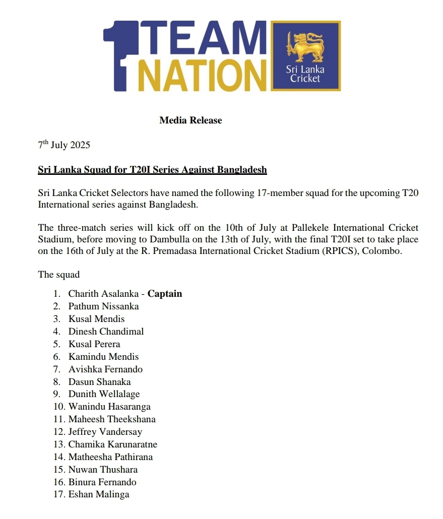 Sri Lanka T20 squad named : Dasun Shanaka is back