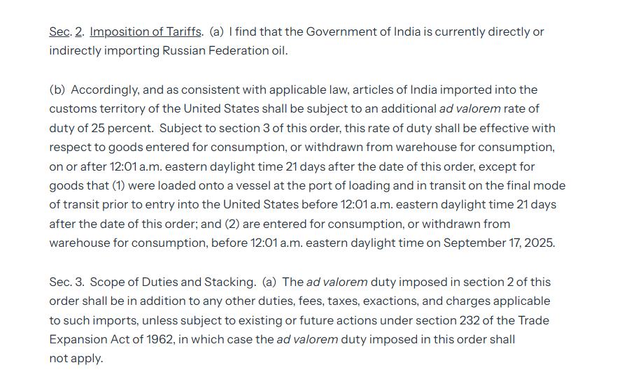 US imposes an additional 25% tariff on India