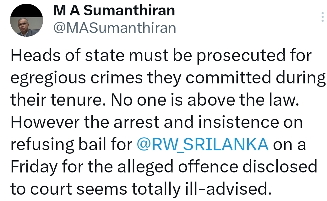 Sumanthiran: Arresting Ranil on a Friday & denying bail ‘ill-advised’