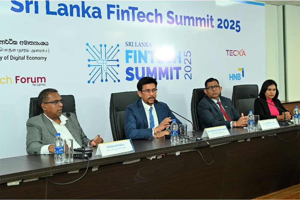 Left to right: Channa De Silva, Eng. Eranga Weeraratne, Damith Pallewatte, and Dr. Kumudu Megasooriya at the media briefing announcing the Sri Lanka FinTech Summit 2025, scheduled for 24–25 September at BMICH, Colombo.