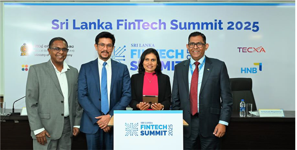 Left to right: Chairman, FinTech Forum of Sri Lanka, Channa De Silva; Deputy Minister of Digital Economy, Eng. Eranga Weeraratne; Founder & CEO of TECXA, Dr. Kumudu Megasooriya; and Managing Director/CEO of HNB, Damith Pallewatte at the official launch of the Sri Lanka FinTech Summit 2025 website, held at the ICTA Auditorium.