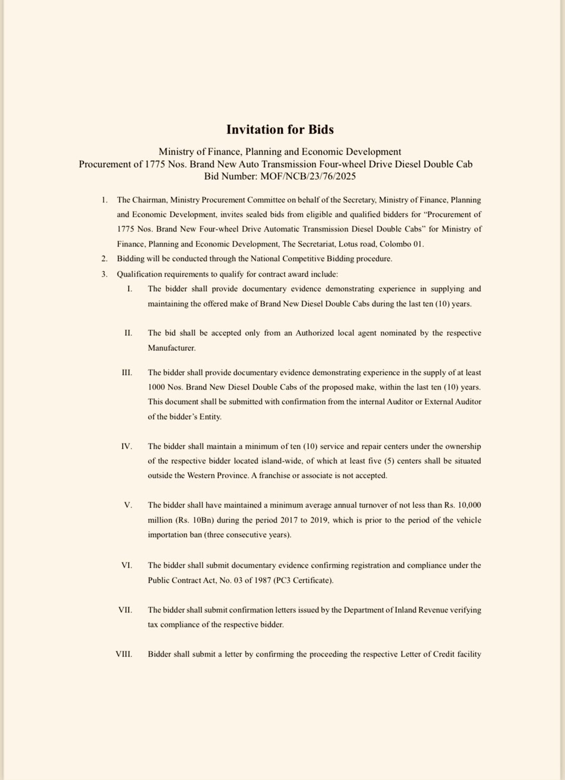 Concerns raised over Finance Ministry’s tender for 1,775 new double cabs