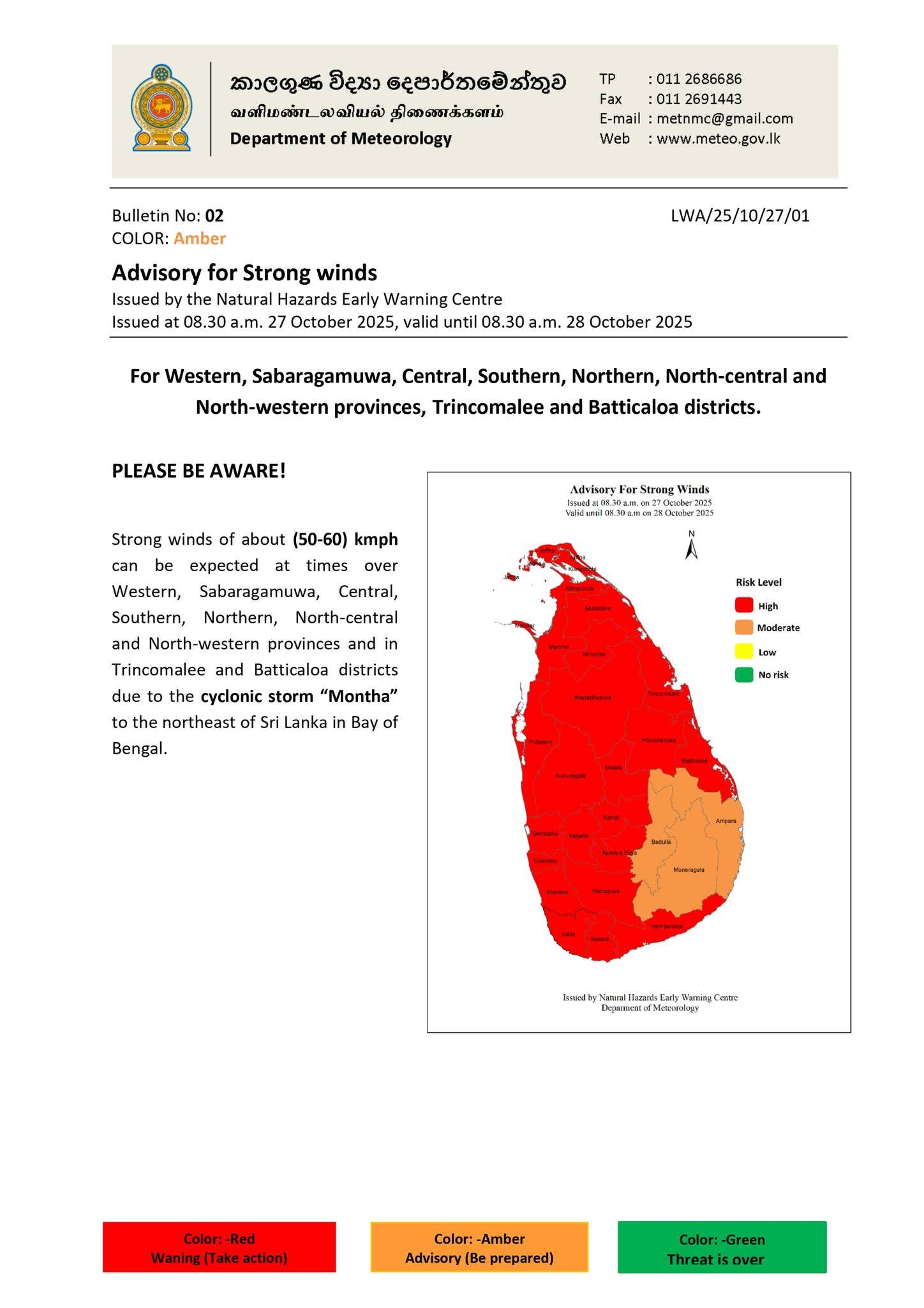 Cyclonic storm “Montha” : High risk strong wind alert issued
