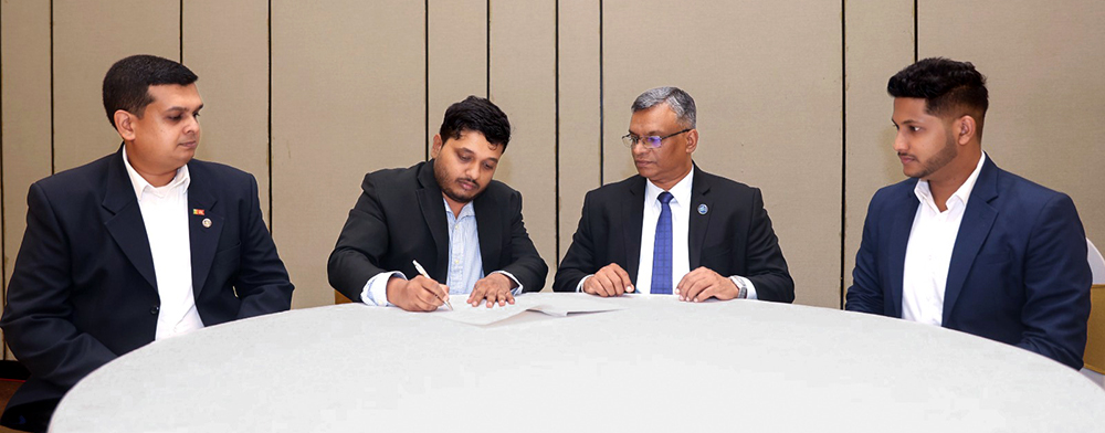The signing of the agreement between Futurity and the IESL for Techno 2025. From left: Dimitri Abeyratne (Head of Business, Futurity), Supun Kaluarachchi (Co-Founder & Director, Futurity), Eng. Kosala Kamburadeniya (IESL President Elect & Chairman, Techno 2025), and Venuka Wijethunga (Co-Founder & Director, Futurity).