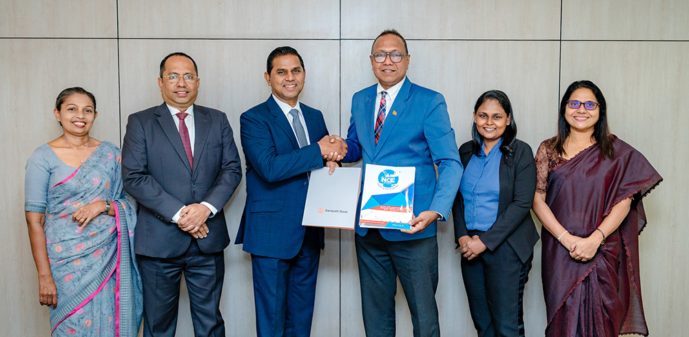 From left: Ms. Muditha Liyanapathirana, Senior Manager – Business Promotion & Client Acquisition (International Business), Sampath Bank; Mr. Halin Hettigoda, Asst. General Manager – International Banking, Sampath Bank; Mr. Amal Kirihene, Senior Deputy General Manager – Corporate Banking, Sampath Bank; Mr. Shiham Marikar, Secretary General/Chief Executive Officer, National Chamber of Exporters of Sri Lanka; Ms. Dilini Gamlathge, Assistant Director – Member Services/Operations, National Chamber of Exporters of Sri Lanka; and Ms. Yamuna Elvitigala, Snr. Executive – Trade Services, Sampath Bank