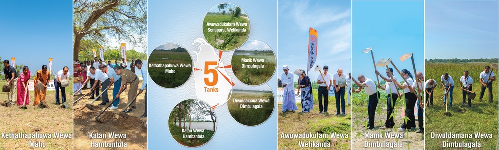 The groundbreaking ceremonies of the five tanks from left to right: Kethathapahuwa Wewa Maho, Katan Wewa Hambantota, Awuwadukulam Wewa Welikanda, Manik Wewa Dimbulagala and Diwuldamana Wewa Dimbulagala
