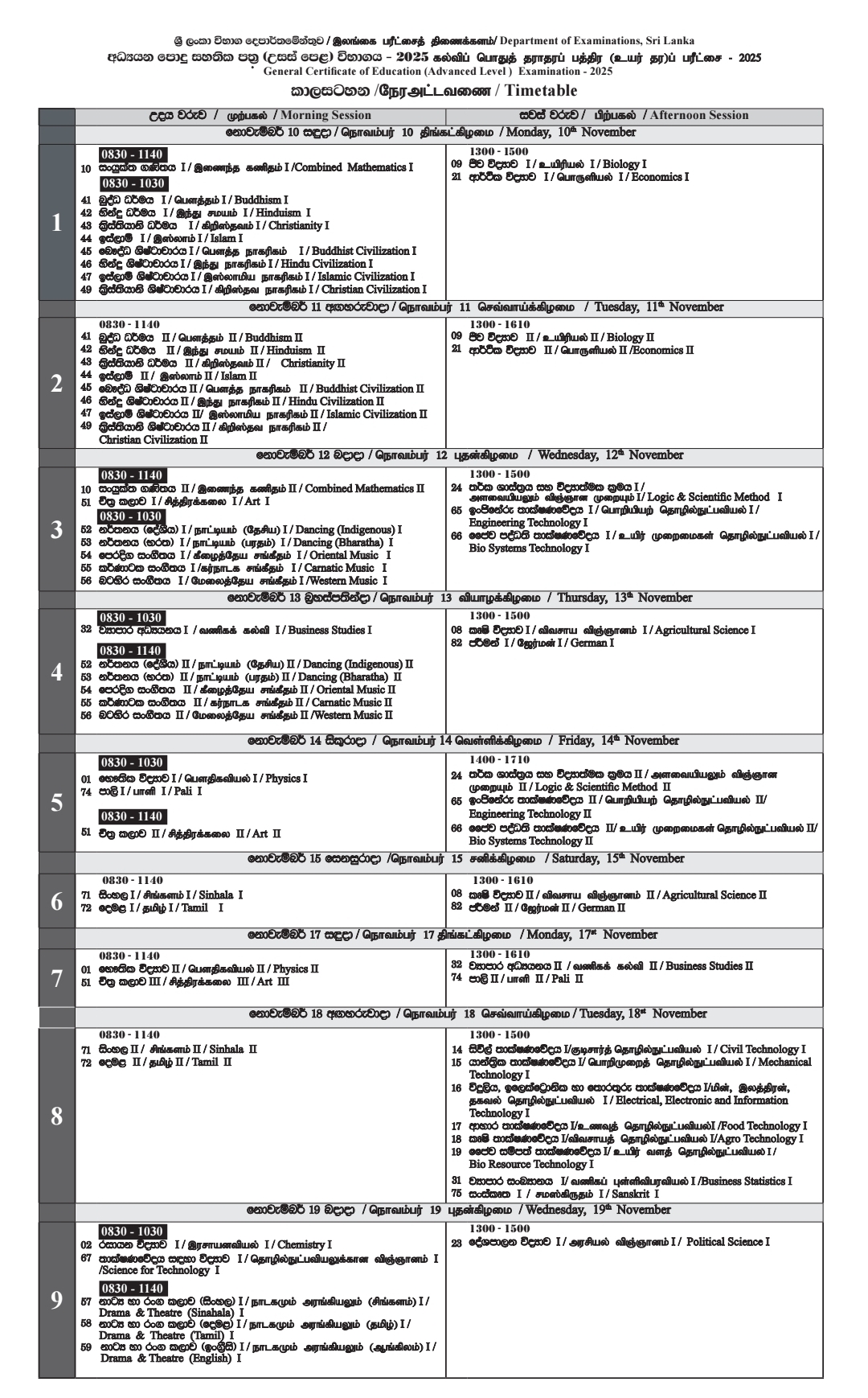 GCE A/L exam 2025 final timetable: 22 exam days