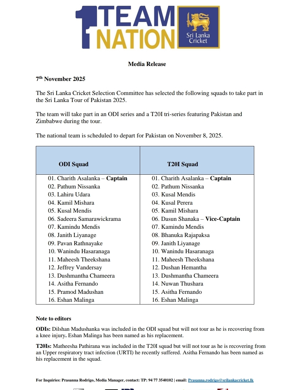 Sri Lanka ODI & T20I squads named for Pakistan tour