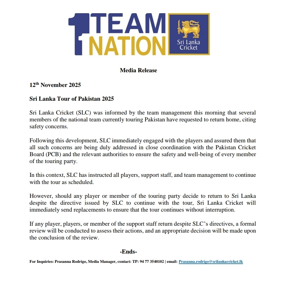 Sri Lanka Tour of Pakistan 2025: Statement from SLC