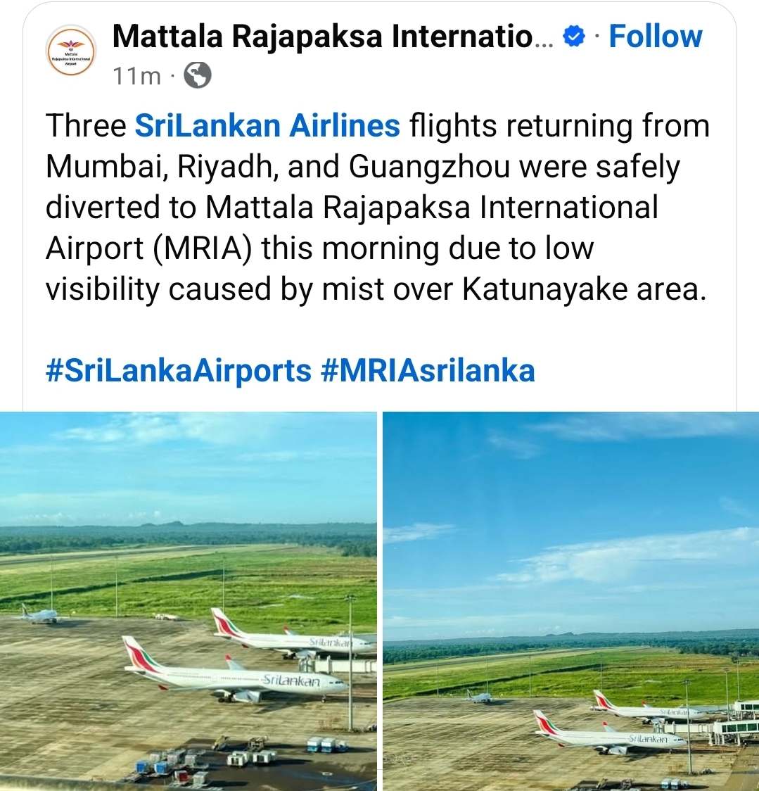 3 SriLankan Airlines flights diverted to Mattala due to low visibility in Katunayake