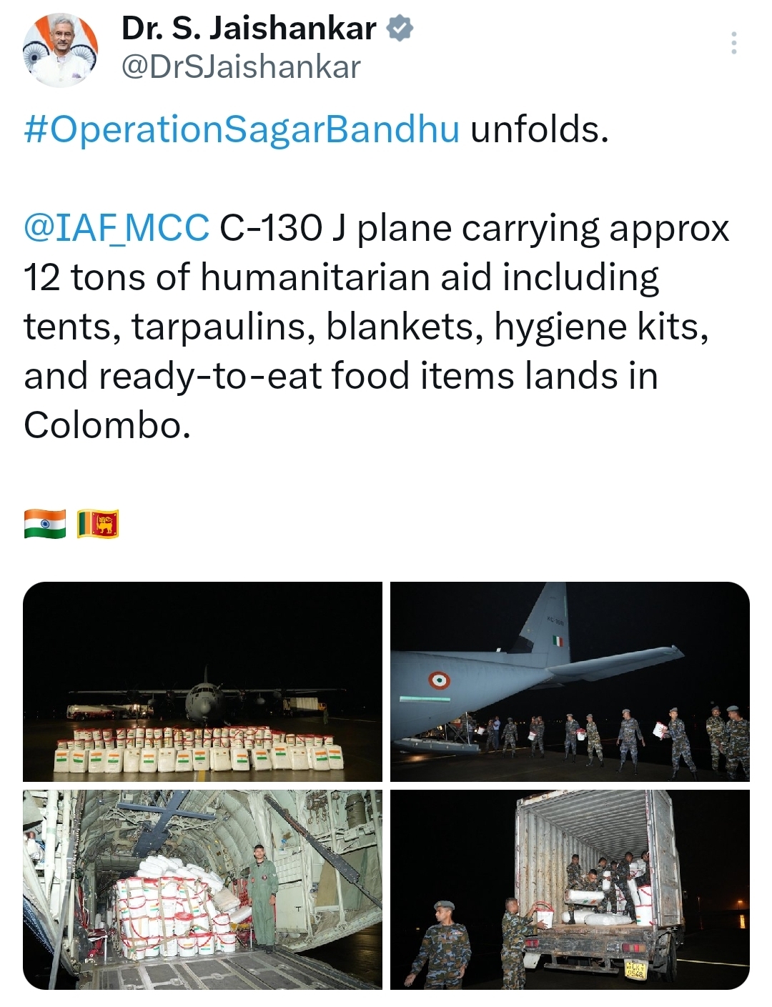 Indian Air Force C-130J brings 12 tons of emergency relief to Sri Lanka