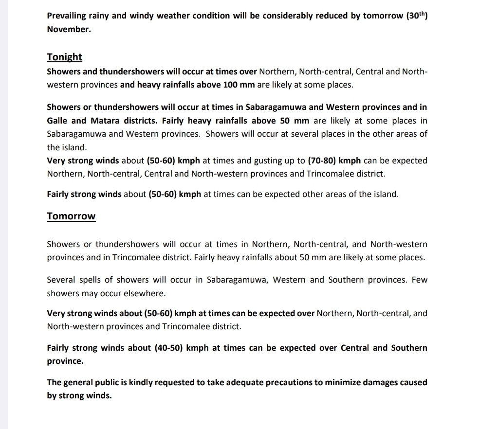 Sri Lanka’s Weather tonight & tomorrow: Update