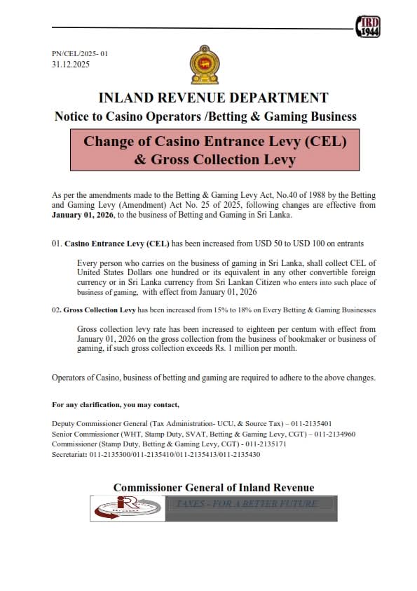 Sri Lanka raises casino entrance levy and betting, gaming taxes from 2026