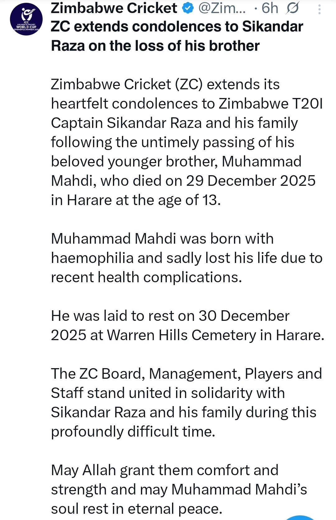 Zimbabwe T20I captain Sikandar Raza’s brother dies at 13