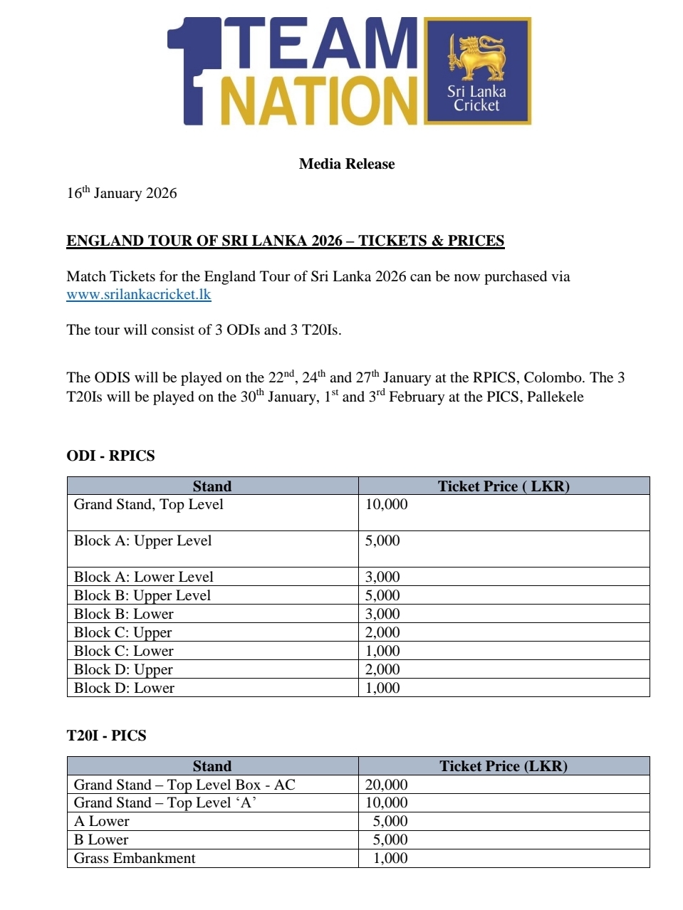 England tour of Sri Lanka : Buy Match Tickets