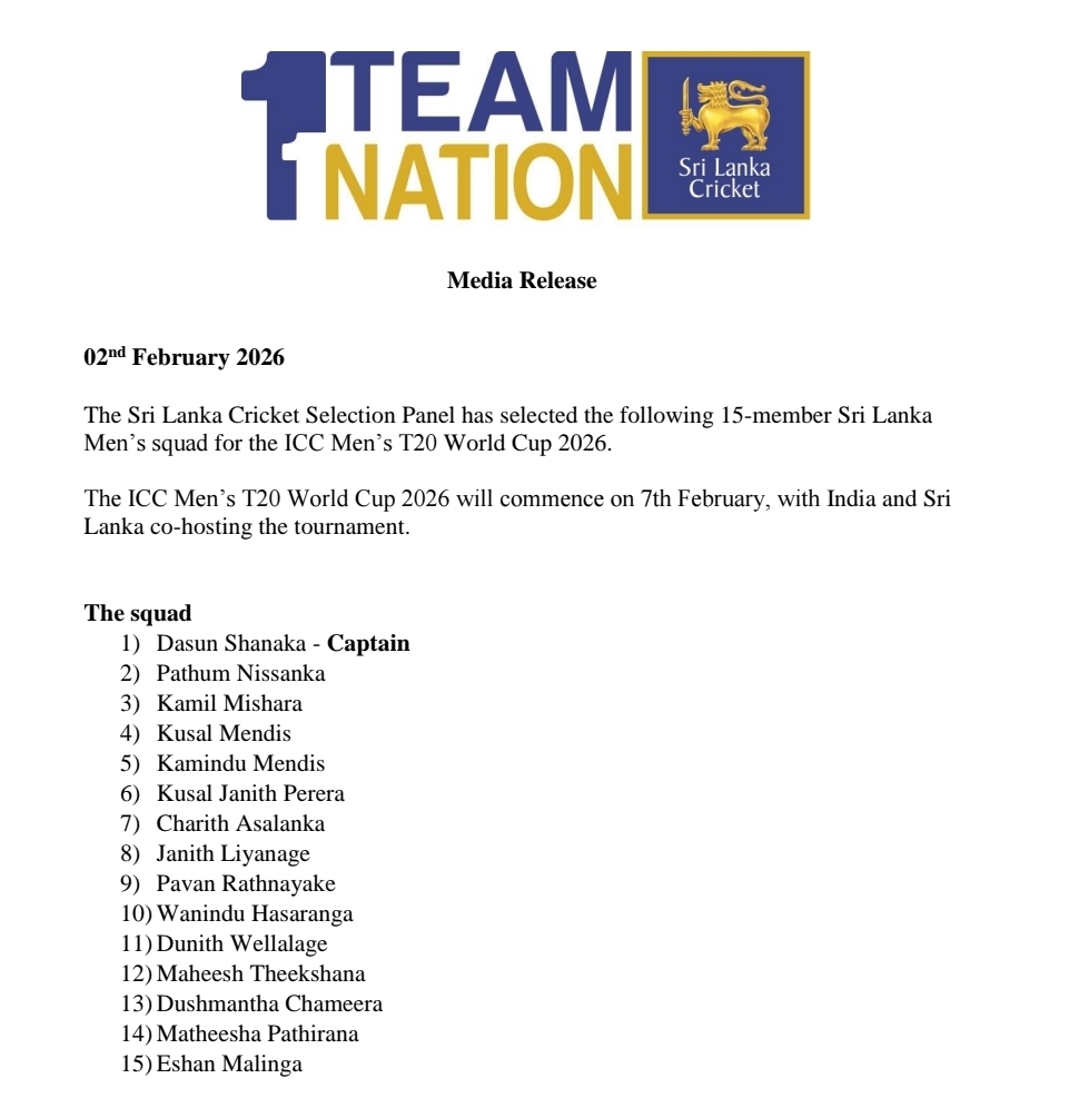 Official: Sri Lanka T20 World Cup Squad Announced