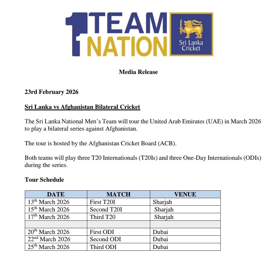 Sri Lanka Vs Afghanistan T20I & ODI series : Schedule announced
