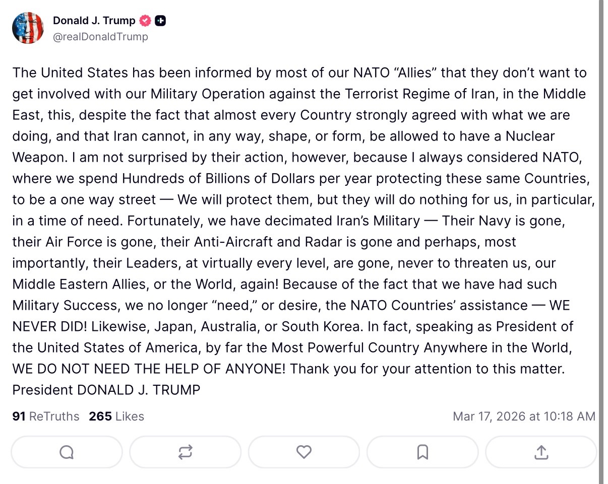 Trump after NATO rejects support: “We are the greatest country — we don’t need the help of anyone”